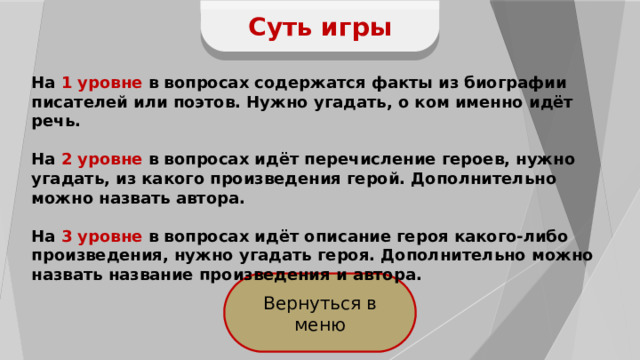 Суть игры На 1 уровне в вопросах содержатся факты из биографии писателей или поэтов. Нужно угадать, о ком именно идёт речь.  На 2 уровне в вопросах идёт перечисление героев, нужно угадать, из какого произведения герой. Дополнительно можно назвать автора.  На 3 уровне в вопросах идёт описание героя какого-либо произведения, нужно угадать героя. Дополнительно можно назвать название произведения и автора. Вернуться в меню 