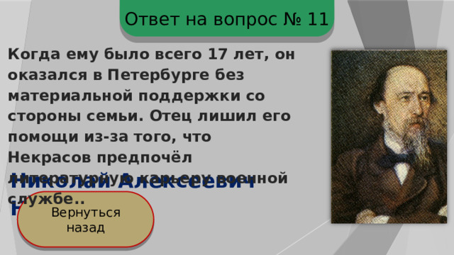 Ответ на вопрос № 11 Когда ему было всего 17 лет, он оказался в Петербурге без материальной поддержки со стороны семьи. Отец лишил его помощи из-за того, что Некрасов предпочёл литературную карьеру военной службе.. Николай Алексеевич Некрасов Вернуться назад 