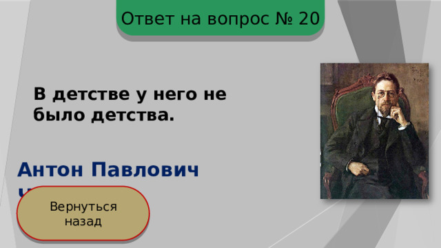 Ответ на вопрос № 20 В детстве у него не было детства. Антон Павлович Чехов Вернуться назад 