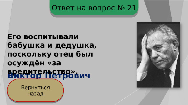 Ответ на вопрос № 21 Его воспитывали бабушка и дедушка, поскольку отец был осуждён «за вредительство». Виктор Петрович Астафьев Вернуться назад 
