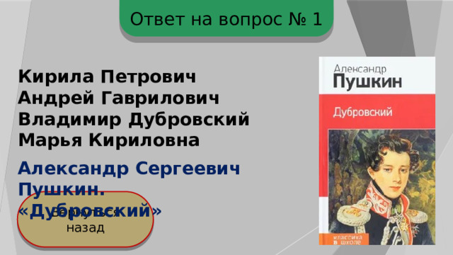 Ответ на вопрос № 1 Кирила Петрович Андрей Гаврилович Владимир Дубровский Марья Кириловна Александр Сергеевич Пушкин. «Дубровский» Вернуться назад 
