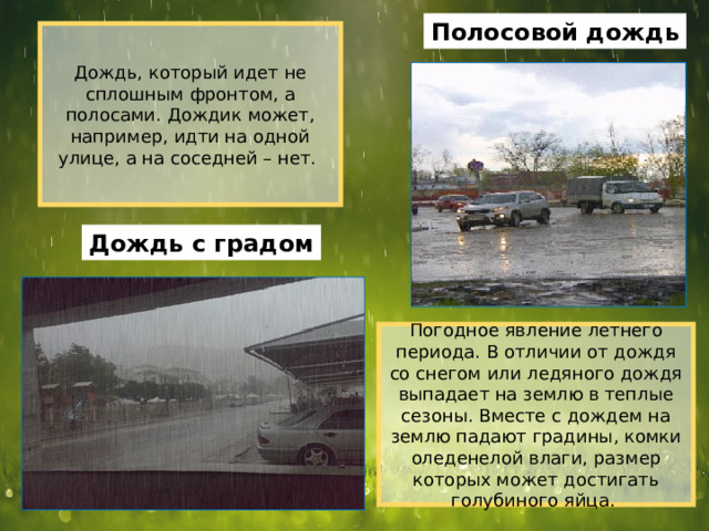 Полосовой дождь Дождь, который идет не сплошным фронтом, а полосами. Дождик может, например, идти на одной улице, а на соседней – нет.    Дождь с градом Погодное явление летнего периода. В отличии от дождя со снегом или ледяного дождя выпадает на землю в теплые сезоны. Вместе с дождем на землю падают градины, комки оледенелой влаги, размер которых может достигать голубиного яйца. 