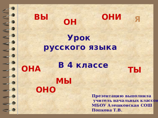 они вы я он Урок русского языка В 4 классе она ты мы оно Презентацию выполнила  учитель начальных классов МБОУ Алешковская СОШ Попкова Т.В. 