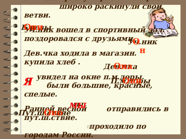 У школы растут красивые б.резы.  широко раскинули свои ветви.  Уч.ник вошел в спортивный зал. поздоровался с друзьями.  Дев.чка ходила в магазин. купила хлеб .   увидел на окне п.м.доры. были большие, красные, спелые.  Ранней весной отправились в пут.ш.ствие.  проходило по городам России. Б.резы Они  Уч.ник Он Она Дев.чка Я П.м.доры Они Я  мы МЫ Пут.ш.ствие Оно Попкова Т.В. 