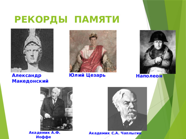 РЕКОРДЫ ПАМЯТИ Юлий Цезарь Александр Македонский Наполеон Академик А.Ф. Иоффе  Академик С.А. Чаплыгин 