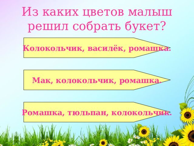Из каких цветов малыш решил собрать букет?  Колокольчик, василёк, ромашка.   Мак, колокольчик, ромашка.   Ромашка, тюльпан, колокольчик.  
