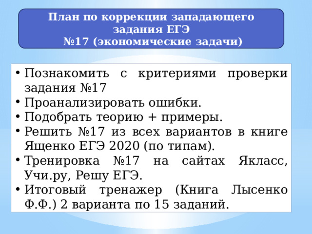 План по коррекции западающего задания ЕГЭ № 17 (экономические задачи) Познакомить с критериями проверки задания №17 Проанализировать ошибки. Подобрать теорию + примеры. Решить №17 из всех вариантов в книге Ященко ЕГЭ 2020 (по типам). Тренировка №17 на сайтах Якласс, Учи.ру, Решу ЕГЭ. Итоговый тренажер (Книга Лысенко Ф.Ф.) 2 варианта по 15 заданий. 