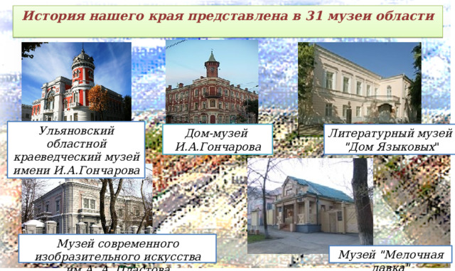 История нашего края представлена в 31 музеи области Ульяновский областной краеведческий музей имени И.А.Гончарова Дом-музей Литературный музей И.А.Гончарова 