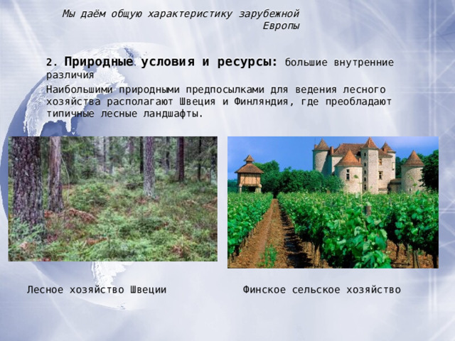 Мы даём общую характеристику зарубежной Европы 2. Природные условия и ресурсы : большие внутренние различия Наибольшими природными предпосылками для ведения лесного хозяйства располагают Швеция и Финляндия, где преобладают типичные лесные ландшафты. Лесное хозяйство Швеции Финское сельское хозяйство  