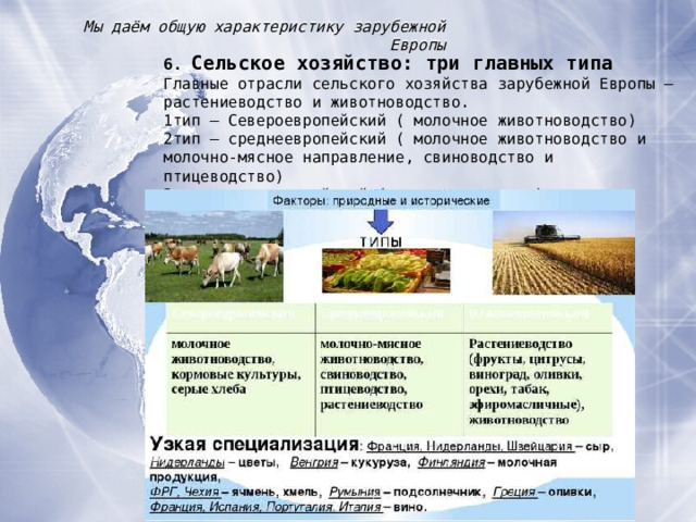 Мы даём общую характеристику зарубежной Европы 6.  Сельское хозяйство : три главных типа Главные отрасли сельского хозяйства зарубежной Европы – растениеводство и животноводство. 1тип – Североевропейский ( молочное животноводство) 2тип – среднеевропейский ( молочное животноводство и молочно-мясное направление, свиноводство и птицеводство) 3тип – южноевропейский ( растениеводство) 