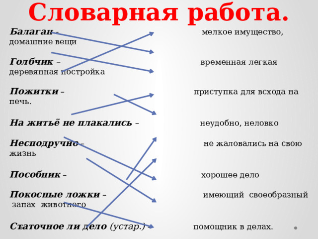 Словарная работа. Балаган - мелкое имущество, домашние вещи   Голбчик – временная легкая деревянная постройка   Пожитки  – приступка для всхода на печь.   На житьё не плакались – неудобно, неловко   Несподручно – не жаловались на свою жизнь  Пособник – хорошее дело   Покосные ложки – имеющий своеобразный запах животного  Статочное ли дело (устар.) - помощник в делах. Бирюзовый – широкие овраги, где косят траву  Душной (козлик)  –  зеленовато-голубой          