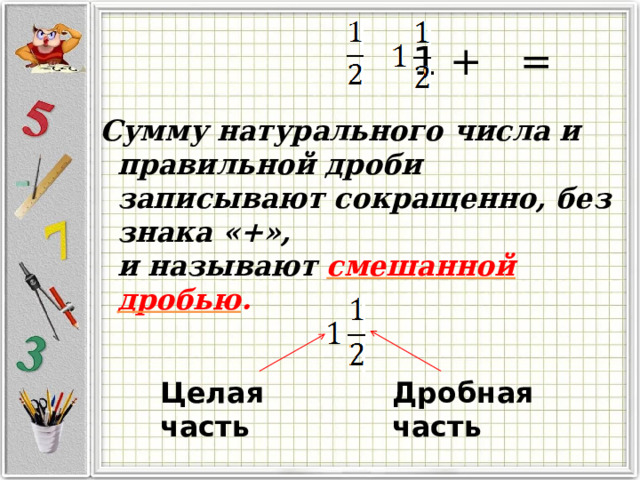  1 + = Сумму натурального числа и правильной дроби записывают сокращенно, без знака «+»,  и называют смешанной дробью . Дробная часть Целая часть 