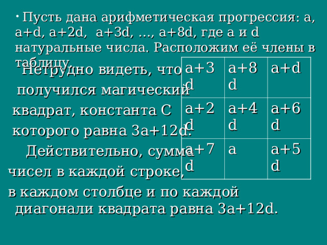  Пусть дана арифметическая прогрессия: a, a+d, a+2d, a+3d, …, a+8d, где a и d натуральные числа. Расположим её члены в таблицу. a+3d a+8d a+2d a+d a+4d a+7d a a+6d a+5d  Нетрудно видеть, что  получился магический  квадрат, константа C  которого равна 3a+12d.  Действительно, сумма  чисел в каждой строке,  в каждом столбце и по каждой диагонали квадрата равна 3a+12d. 