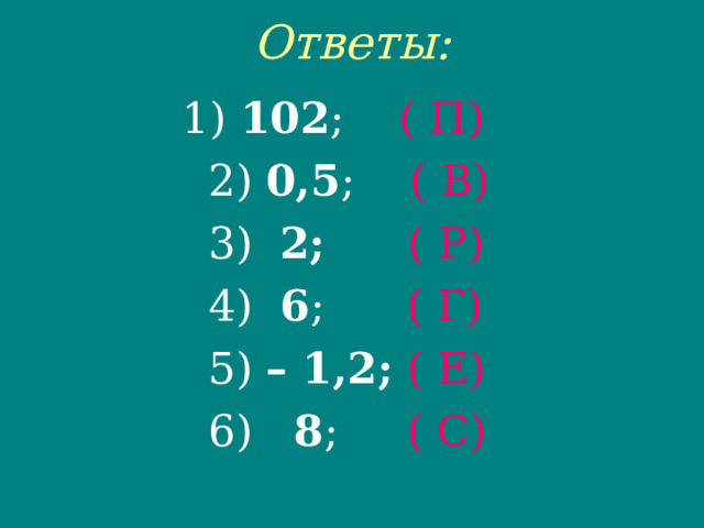 Ответы:  1) 102 ; ( П)   2) 0,5 ; ( В)  3) 2;  ( Р)   4) 6 ; ( Г)  5) – 1,2;  ( Е)   6) 8 ; ( С) 