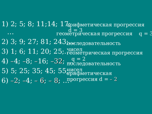 арифметическая прогрессия d = 3 1) 2; 5; 8; 11;14; 17;… 2) 3; 9; 27; 81; 243;… 3) 1; 6; 11; 20; 25;… 4) – 4; – 8; – 16; –32 ; … 5) 5; 25; 35; 45; 55;… 6) –2 ; – 4; – 6 ; – 8 ; …  геометрическая прогрессия q = 3 последовательность чисел геометрическая прогрессия q = 2 последовательность чисел арифметическая прогрессия d = – 2 