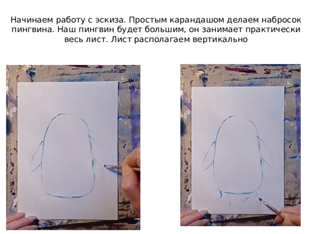 Начинаем работу с эскиза. Простым карандашом делаем набросок пингвина. Наш пингвин будет большим, он занимает практически весь лист. Лист располагаем вертикально 