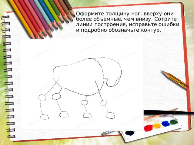 Оформите толщину ног: вверху они более объемные, чем внизу. Сотрите линии построения, исправьте ошибки и подробно обозначьте контур. 