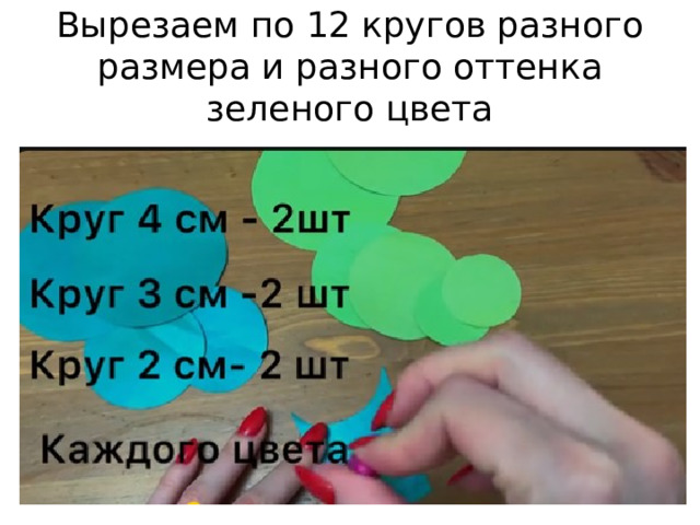 Вырезаем по 12 кругов разного размера и разного оттенка зеленого цвета 