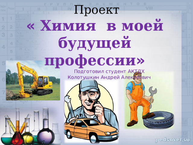 Проект « Химия в моей будущей профессии »    Подготовил студент АКТДХ    Колотушкин Андрей Алексеевич 