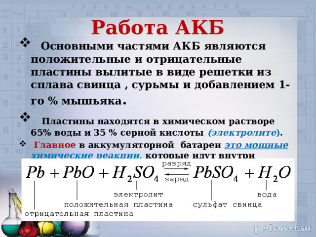Работа АКБ  Основными частями АКБ являются положительные и отрицательные пластины вылитые в виде решетки из сплава свинца , сурьмы и добавлением 1-го % мышьяка .  Пластины находятся в химическом растворе 65% воды и 35 % серной кислоты (электролите ) .  Главное в аккумуляторной батареи это мощные химические реакции , которые идут внутри пластин и повторяются, когда АКБ разряжается. 