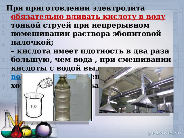  При приготовлении электролита обязательно вливать кислоту в воду тонкой струей при непрерывном помешивании раствора эбонитовой палочкой;   – кислота имеет плотность в два раза большую, чем вода , при смешивании кислоты с водой выделяется газ водород Н 2 , помещение должно хорошо вентилироваться! 12 