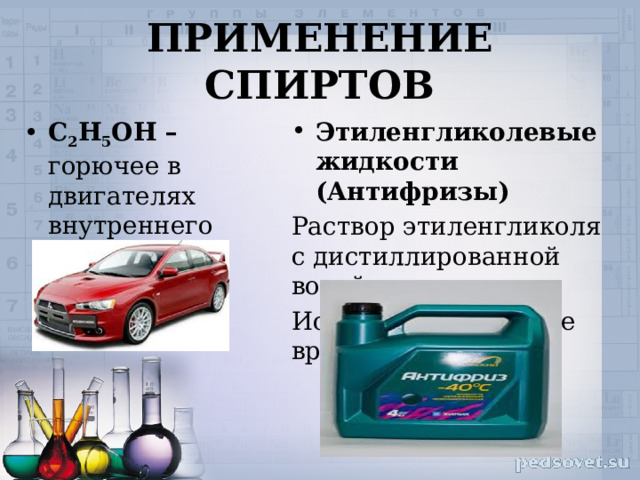 ПРИМЕНЕНИЕ СПИРТОВ С 2 Н 5 ОН – горючее в двигателях внутреннего сгорания Этиленгликолевые жидкости (Антифризы) Раствор этиленгликоля с дистиллированной водой. Используют в зимнее время  