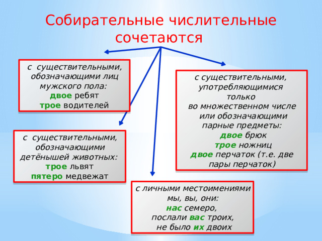 Собирательные числительные сочетаются  с существительными, обозначающими лиц мужского пола:  двое  ребят трое  водителей с существительными, употребляющимися только во множественном числе  или обозначающими парные предметы:  двое  брюк  трое  ножниц двое перчаток (т.е. две пары перчаток) с существительными, обозначающими детёнышей животных:  трое львят пятеро медвежат с личными местоимениями  мы, вы, они: нас  семеро, послали  вас  троих,  не было их  двоих 