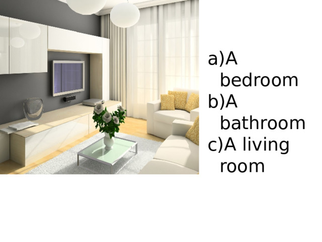 A bedroom A bathroom A living room 