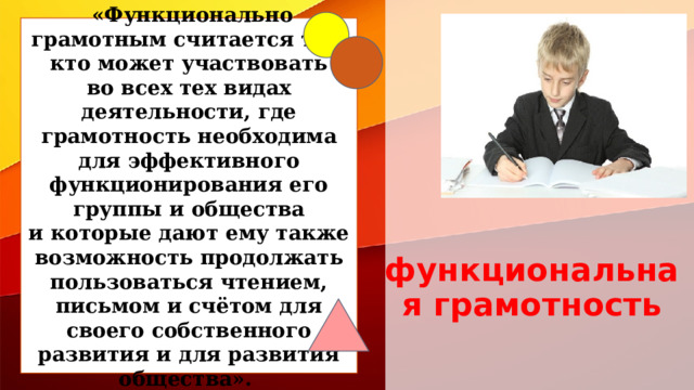  «Функционально грамотным считается тот, кто может участвовать во всех тех видах деятельности, где грамотность необходима для эффективного функционирования его группы и общества и которые дают ему также возможность продолжать пользоваться чтением, письмом и счётом для своего собственного развития и для развития общества».  функциональная грамотность 1 