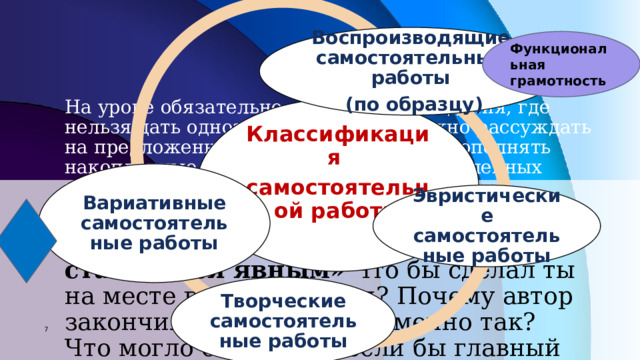 Воспроизводящие самостоятельные работы  (по образцу) Функциональная грамотность На уроке обязательно должны быть задания, где нельзя дать однозначный ответ, а нужно рассуждать на предложенную тему. Это помогает пополнять накопленные знания и достигать определенных целей в жизни, применяя их на практике.   Примеры.  В. Драгунский «Тайное становится явным» Что бы сделал ты на месте главного героя? Почему автор закончил произведение именно так? Что могло случиться, если бы главный герой поступил иначе? Как бы ты поступил? Классификация самостоятельной работы Вариативные самостоятельные работы Эвристические самостоятельные работы Творческие самостоятельные работы 6 7 