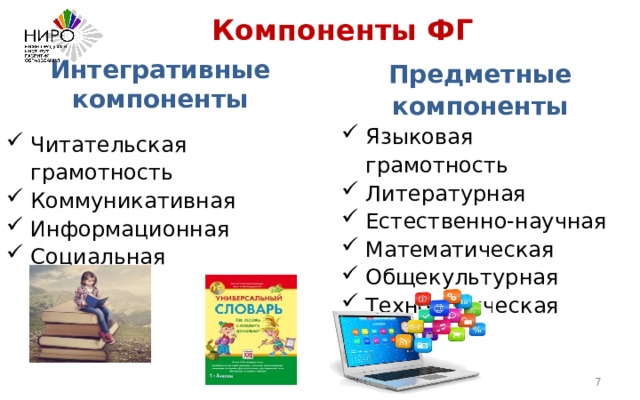 Компоненты ФГ Интегративные компоненты  Читательская грамотность Коммуникативная Информационная Социальная Предметные компоненты Языковая грамотность Литературная Естественно-научная Математическая Общекультурная Технологическая  