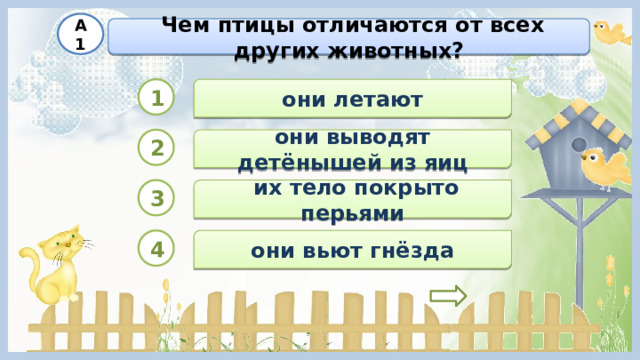 А1  Чем птицы отличаются от всех других животных? 1 они летают 2 они выводят детёнышей из яиц  их тело покрыто перьями 3 4 они вьют гнёзда 