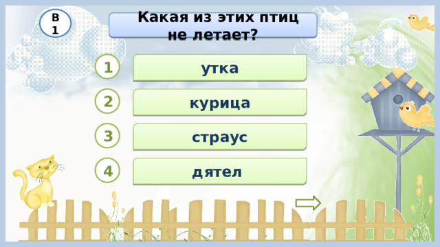 В1   Какая из этих птиц не летает? 1 утка 2 курица страус 3 4 дятел 