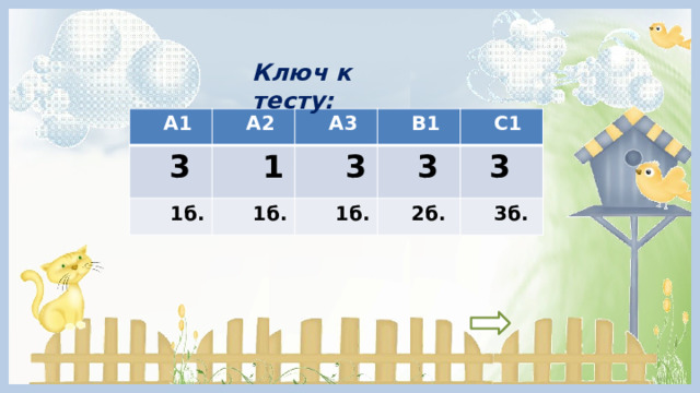 Ключ к тесту:  А1  3  А2  А3  1  1б.  1б.  В1  3  1б.  3  С1  3  2б.  3б. 
