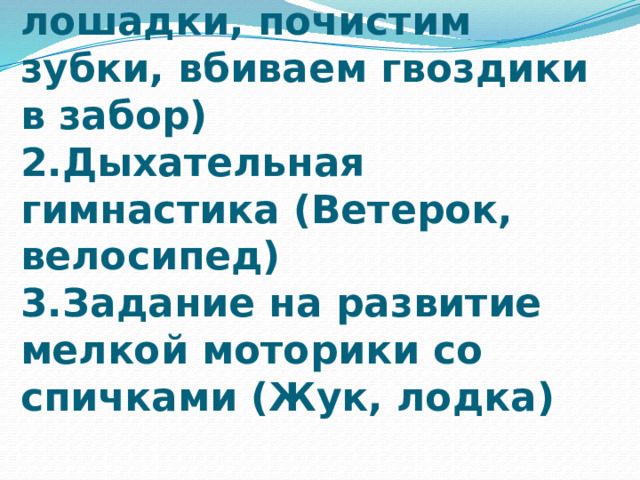 1.Артикуляционная гимнастика (маляр, лошадки, почистим зубки, вбиваем гвоздики в забор)  2.Дыхательная гимнастика (Ветерок, велосипед)  3.Задание на развитие мелкой моторики со спичками (Жук, лодка)   