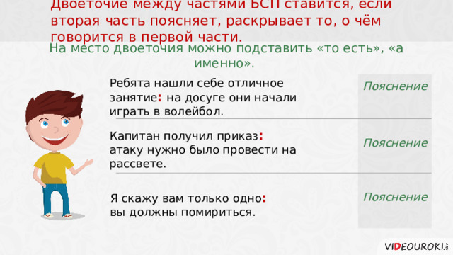  Двоеточие между частями БСП ставится, если вторая часть поясняет, раскрывает то, о чём говорится в первой части. На место двоеточия можно подставить «то есть», «а именно». Пояснение Ребята нашли себе отличное занятие : на досуге они начали играть в волейбол. Капитан получил приказ :  атаку нужно было провести на рассвете. Пояснение Я скажу вам только одно :  вы должны помириться. Пояснение  