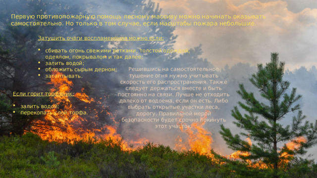 Первую противопожарную помощь лесному массиву можно начинать оказывать самостоятельно. Но только в том случае, если масштабы пожара небольшие. Затушить очаги воспламенения можно если: сбивать огонь свежими ветками, толстой одеждой, одеялом, покрывалом и так далее; залить водой; обложить сырым дерном; затаптывать. Решившись на самостоятельное тушение огня нужно учитывать скорость его распространения. Также следует держаться вместе и быть постоянно на связи. Лучше не отходить далеко от водоема, если он есть. Либо выбрать открытые участки леса, дорогу. Правильной мерой безопасности будет срочно покинуть этот участок. Если горит торфяник:  залить водой; перекопать слой торфа. 