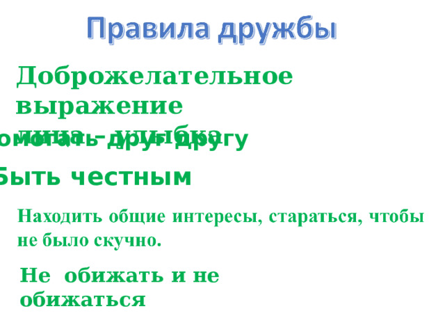 Доброжелательное выражение лица – улыбка Помогать друг другу Быть честным Не обижать и не обижаться 
