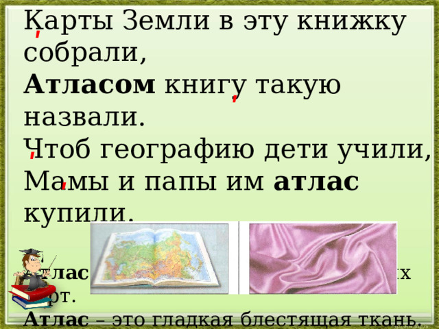 Карты Земли в эту книжку собрали, Атласом книгу такую назвали. Чтоб географию дети учили, Мамы и папы им атлас купили. Атлас – это сборник географических карт. Атлас – это гладкая блестящая ткань. ʹ ʹ ʹ ʹ 