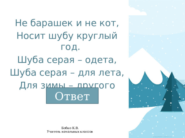Не барашек и не кот, Носит шубу круглый год. Шуба серая – одета, Шуба серая – для лета, Для зимы – другого цвета… Ответ 