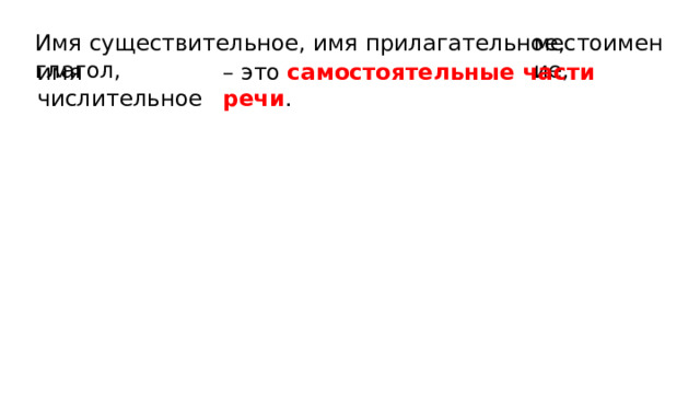 местоимение, Имя существительное, имя прилагательное, глагол, имя числительное – это самостоятельные части речи . 