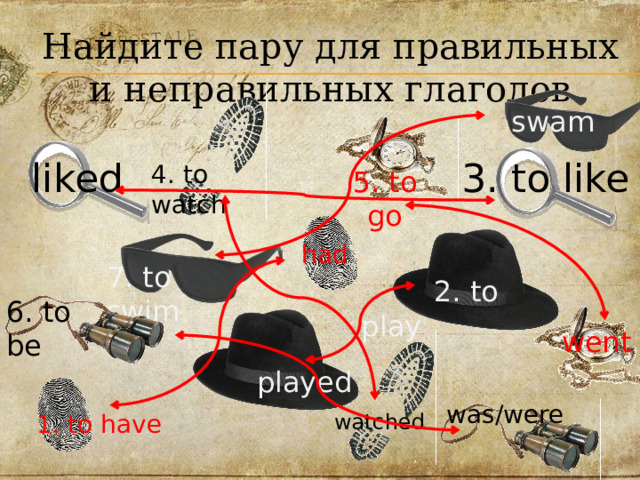Найдите пару для правильных и неправильных глаголов swam 3. to like liked 4. to watch 5. to go had 7. to swim  2. to play 6. to be went  played was/were watched 1. to have 