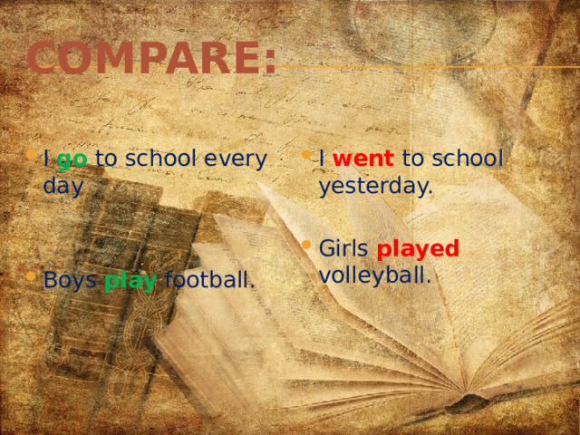 Compare: I go  to school every day I went to school yesterday. Girls played volleyball. Boys play football. 
