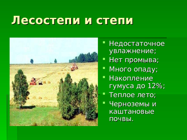 Лесостепи и степи Недостаточное увлажнение; Нет промыва; Много опаду; Накопление гумуса до 12%; Теплое лето; Черноземы и каштановые почвы.  