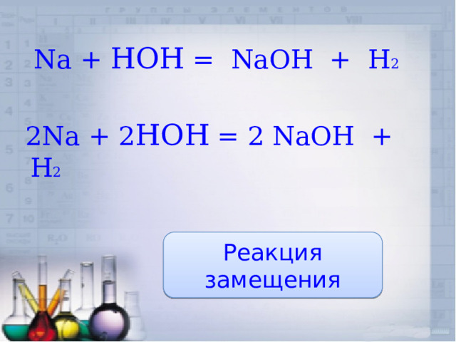  Na + HOH = NaOH + H 2  2Na + 2 HOH = 2 NaOH + H 2 Реакция замещения 