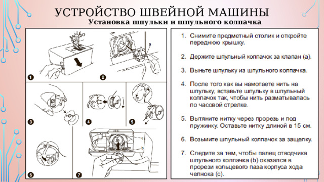 Устройство швейной машины Установка шпульки и шпульного колпачка 