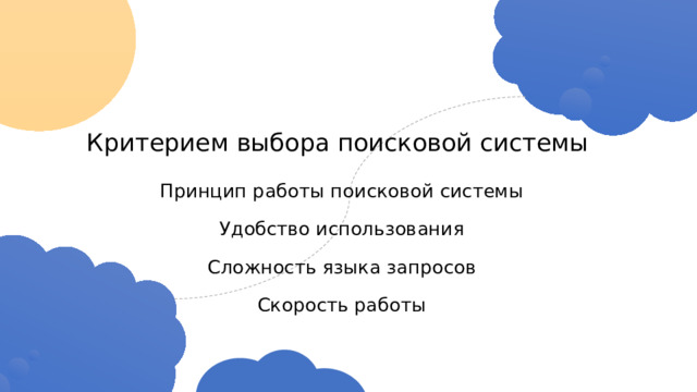 Критерием выбора поисковой системы Принцип работы поисковой системы Удобство использования Сложность языка запросов Скорость работы 