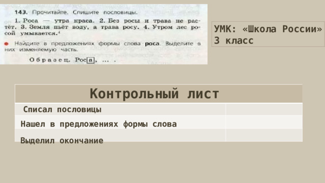УМК: «Школа России» 3 класс Контрольный лист Списал пословицы Нашел в предложениях формы слова Выделил окончание 