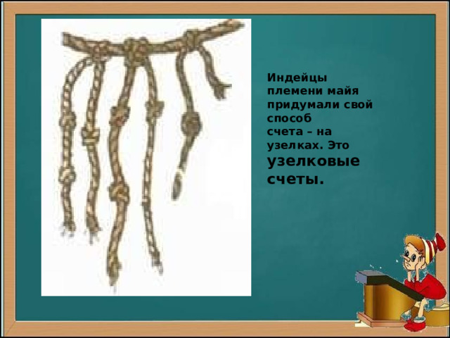 Индейцы племени майя придумали свой способ счета – на узелках. Это узелковые счеты. 