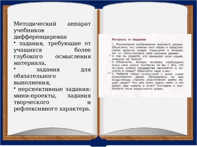 Методический аппарат учебников дифференцирован  задания, требующие от учащихся более глубокого осмысления материала,  задания для обязательного выполнения,  перспективные задания: мини-проекты, задания творческого и рефлексивного характера. Методический аппарат учебников дифференцирован и предусматривает задания для обязательного выполнения, задания, требующие от учащихся более глубокого осмысления материала, а также перспективные задания — мини-проекты, задания творческого и рефлексивного характера.  